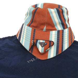 新品同様 プラダ トライアングルロゴ ストライプ サイズXL コットン マルチカラー バケットハット 帽子 1378【中古】PRADA