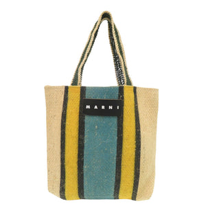 美品 マルニ カナパ トート ストライプ 麻 ベージュ イエロー ブルー トートバッグ 1422【中古】MARNI