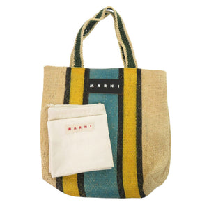 美品 マルニ カナパ トート ストライプ 麻 ベージュ イエロー ブルー トートバッグ 1422【中古】MARNI