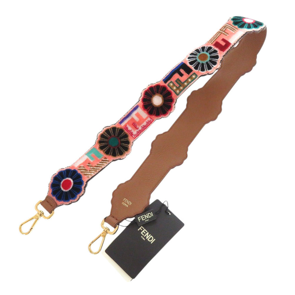 新品同様 フェンディ ストラップユー フラワー FFロゴ ピンク ベロア レザー ショルダーストラップ 0062【中古】FENDI