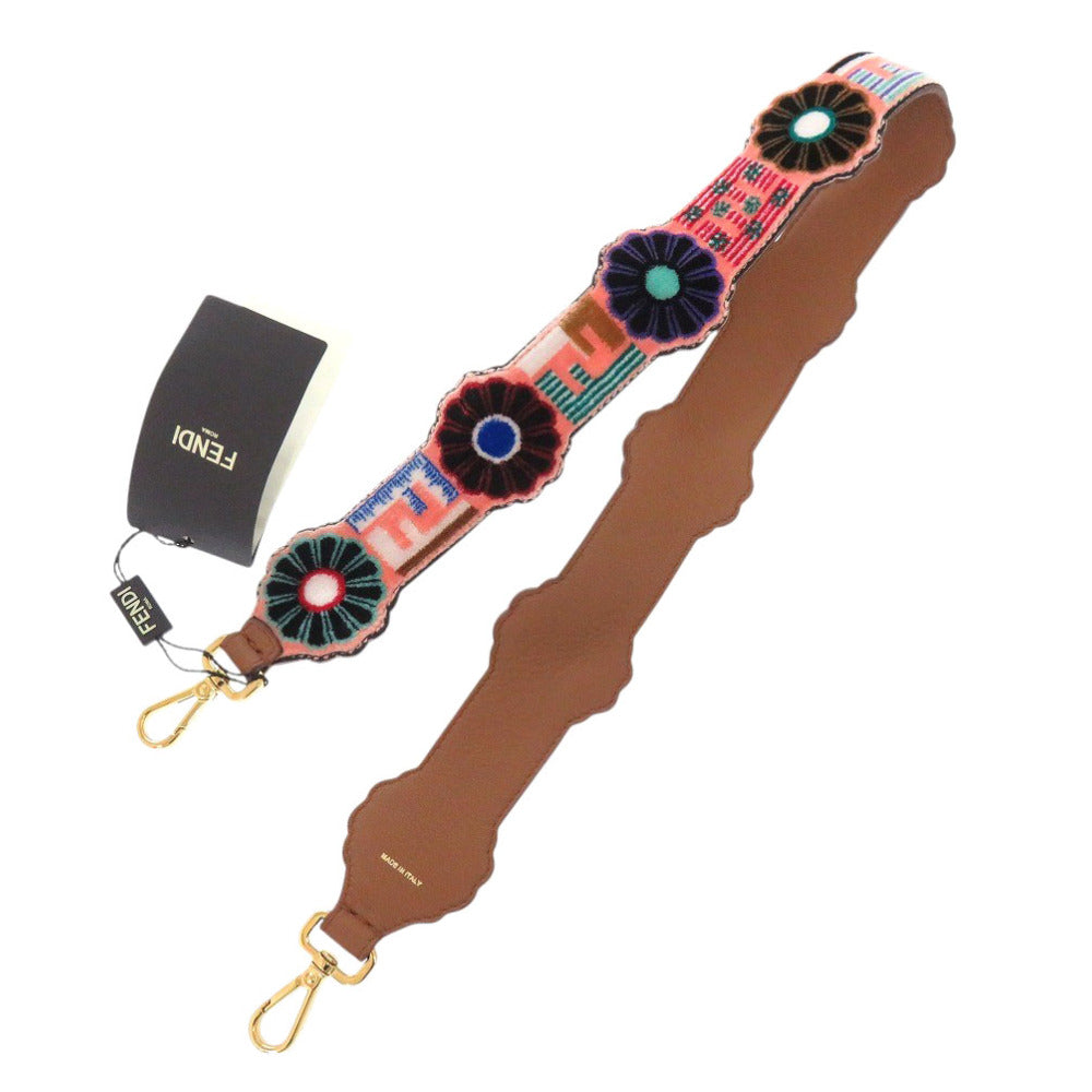 新品同様 フェンディ ストラップユー フラワー FFロゴ ピンク ベロア レザー ショルダーストラップ 0062【中古】FENDI