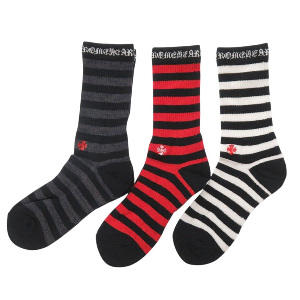 未使用 クロムハーツ 靴下 3点セット ボーダー柄 コットン ブラック レッド グレー ソックス 黒 0089【中古】CHROME HEARTS