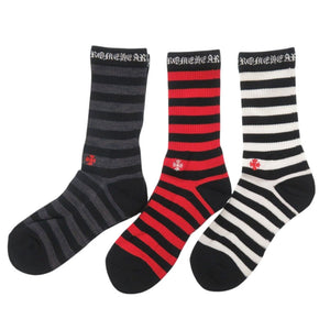 未使用 クロムハーツ 靴下 3点セット ボーダー柄 コットン ブラック レッド グレー ソックス 黒 0089【中古】CHROME HEARTS