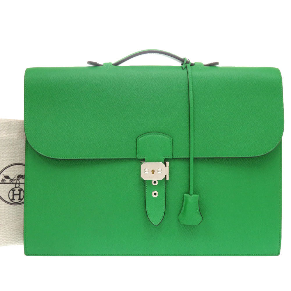 新品同様 エルメス サックアデペッシュ38 ヴォーエプソン バンブー シルバー金具 T刻印 ブリーフケース バッグ 緑 0125 【中古】 HERMES メンズ
