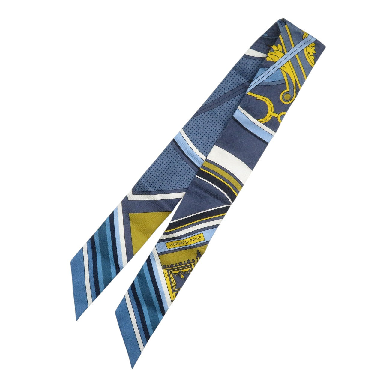 美品 エルメス ツイリー ジョージワシントンの馬車 デタイユ シルク ブルー ホワイト イエロー スカーフ 0211【中古】HERMES