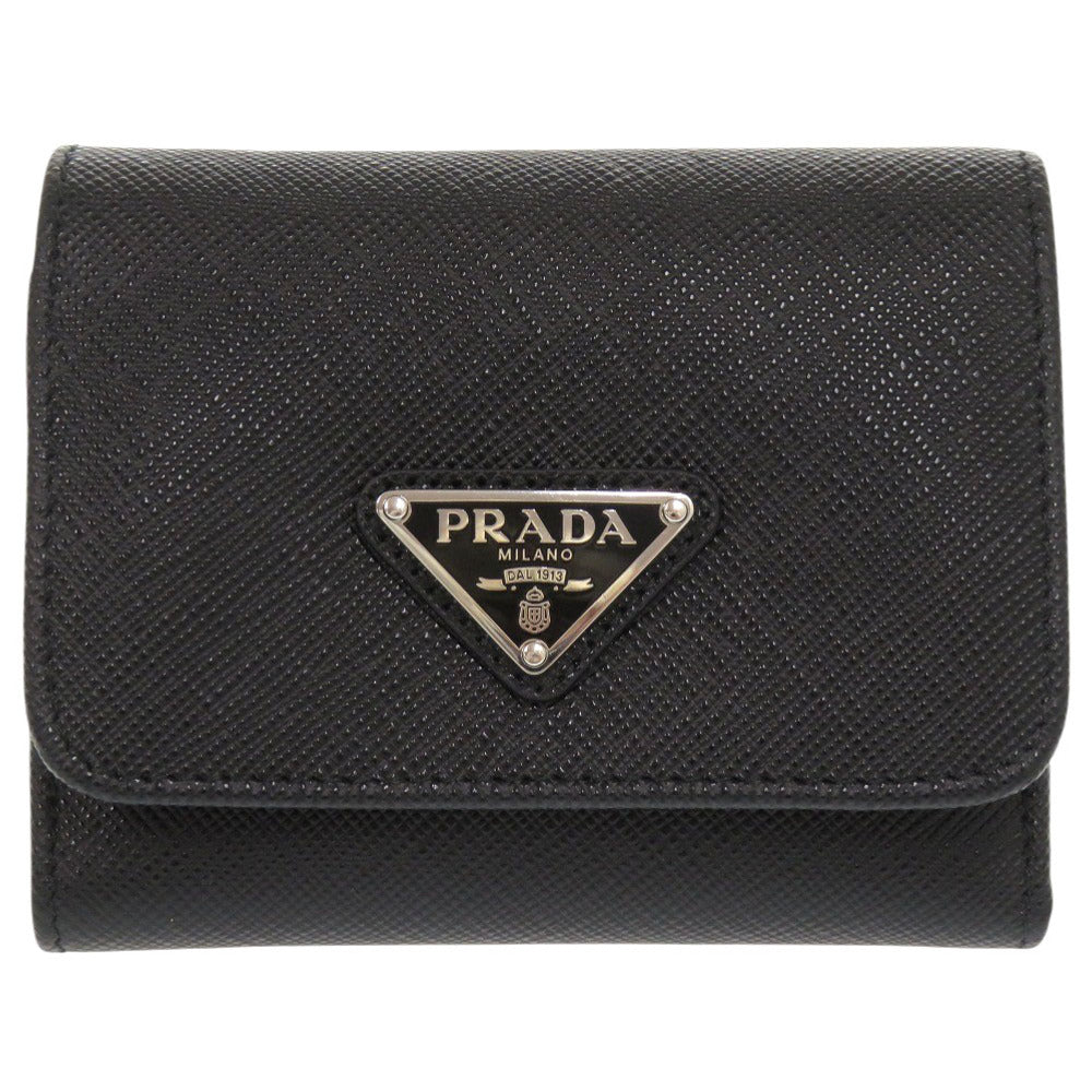 新品同様 プラダ サフィアーノトライアングル 1MH043 レザー ブラック 三つ折り財布 黒 0283【中古】PRADA