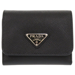 新品同様 プラダ サフィアーノトライアングル 1MH043 レザー ブラック 三つ折り財布 黒 0283【中古】PRADA