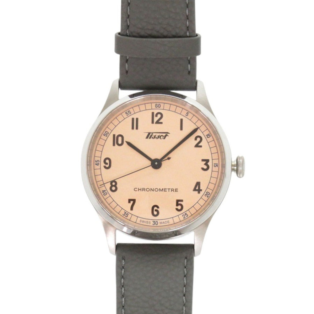 未使用 ティソ ヘリテージ1938 クロノメーター T142.464.16.332.00 ピンク文字盤 グレー SS レザー 自動巻き 腕時計 0318【中古】TISSOT