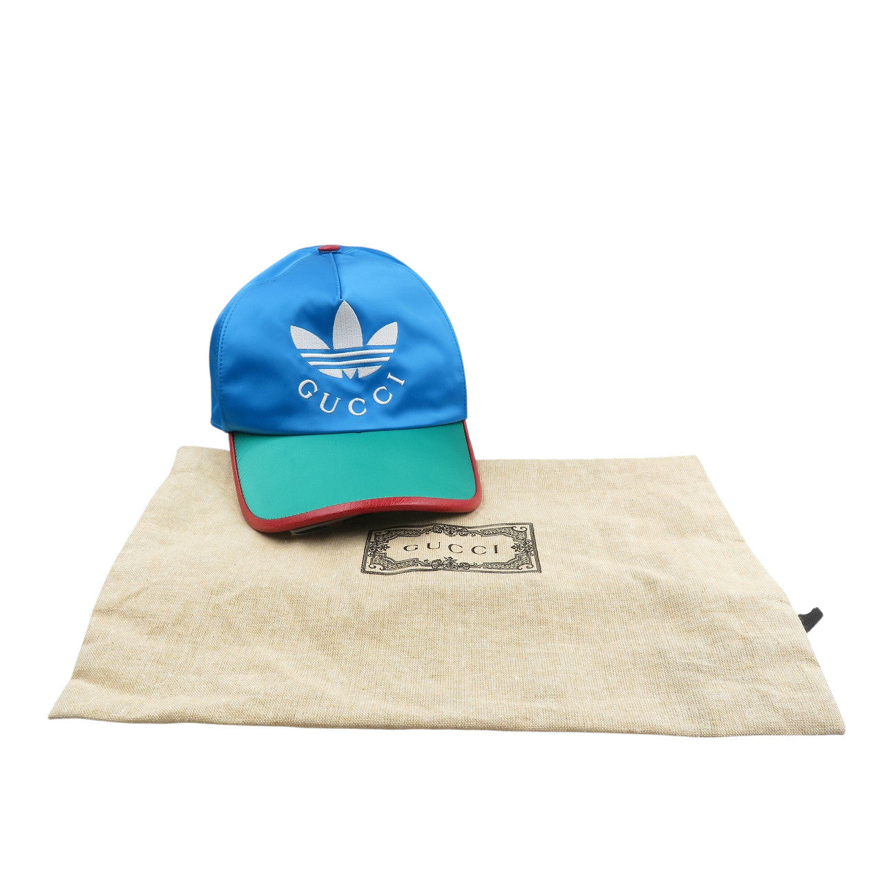未使用 グッチ GUCCI×adidas 703825 刺繍 サイズM ナイロン ブルー グリーン ベースボールキャップ 帽子 0357【中古】GUCCI