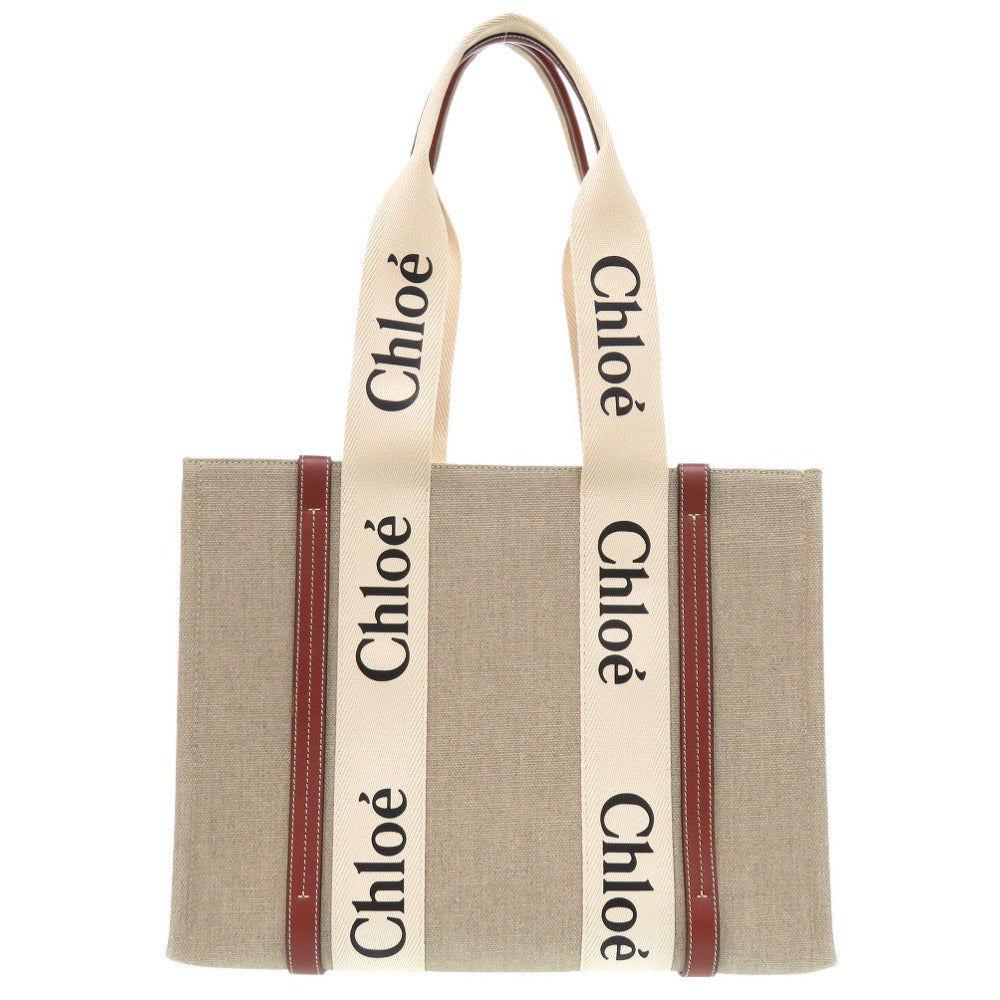 未使用 クロエ WOODY ウッディ ミディアム トートバッグ CHC22AS383I2690U レザー/リネンキャンバス ブラウン ハンドバッグ 茶 0387【中古】Chloe