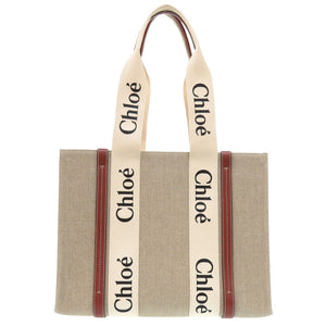 未使用 クロエ WOODY ウッディ ミディアム トートバッグ CHC22AS383I2690U レザー/リネンキャンバス ブラウン ハンドバッグ 茶 0387【中古】Chloe
