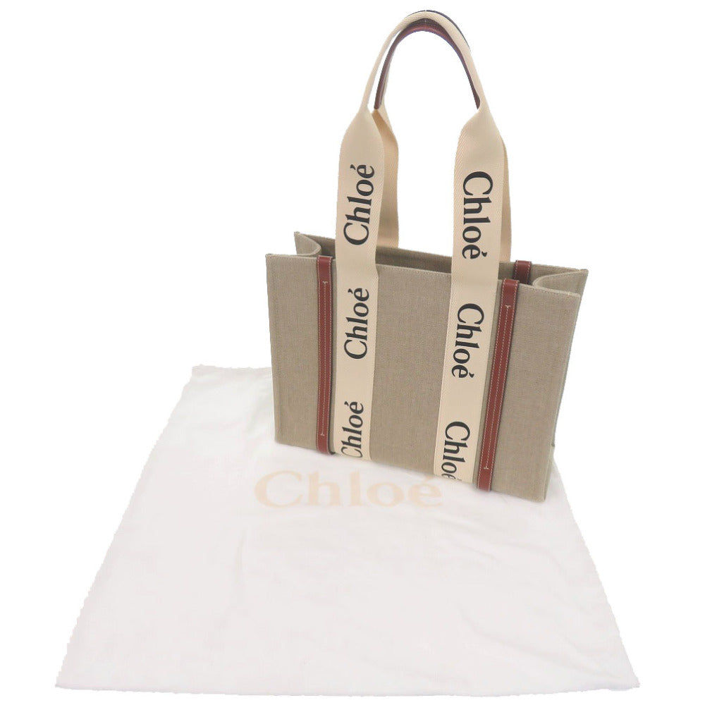 未使用 クロエ WOODY ウッディ ミディアム トートバッグ CHC22AS383I2690U レザー/リネンキャンバス ブラウン ハンドバッグ 茶 0387【中古】Chloe