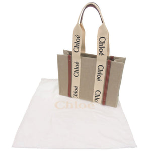 未使用 クロエ WOODY ウッディ ミディアム トートバッグ CHC22AS383I2690U レザー/リネンキャンバス ブラウン ハンドバッグ 茶 0387【中古】Chloe