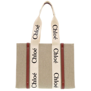 未使用 クロエ WOODY ウッディ ミディアム トートバッグ CHC22AS383I2690U レザー/リネンキャンバス ブラウン ハンドバッグ 茶 0387【中古】Chloe