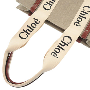 未使用 クロエ WOODY ウッディ ミディアム トートバッグ CHC22AS383I2690U レザー/リネンキャンバス ブラウン ハンドバッグ 茶 0387【中古】Chloe