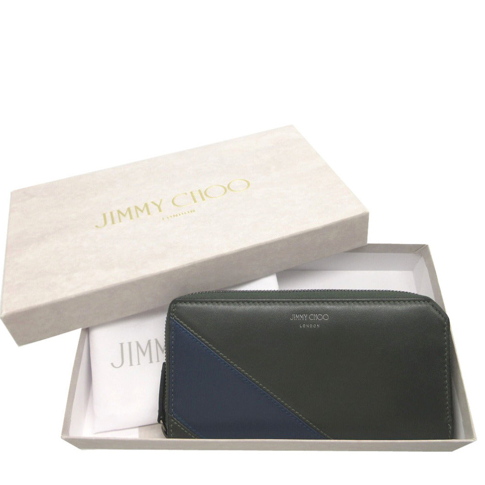 新品同様 ジミーチュウ ラウンドファスナー バイカラー 長財布 レザー カーキ/ブルー 0392【中古】JIMMY CHOO