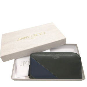 新品同様 ジミーチュウ ラウンドファスナー バイカラー 長財布 レザー カーキ/ブルー 0392【中古】JIMMY CHOO