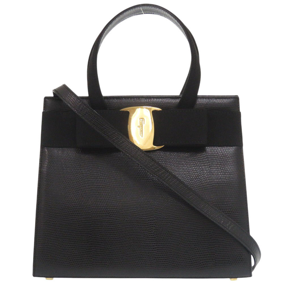 美品 サルヴァトーレフェラガモ 2WAY ヴァラリボン BA214178 リザード型押しレザー ブラック ハンドバッグ 黒 0450【中古】Salvatore Ferragamo