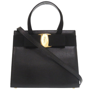 美品 サルヴァトーレフェラガモ 2WAY ヴァラリボン BA214178 リザード型押しレザー ブラック ハンドバッグ 黒 0450【中古】Salvatore Ferragamo