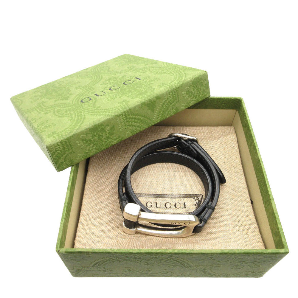美品 グッチ 2連 ホースビット  ブレスレット シルバー925/レザー ブラック/シルバー 0471【中古】GUCCI