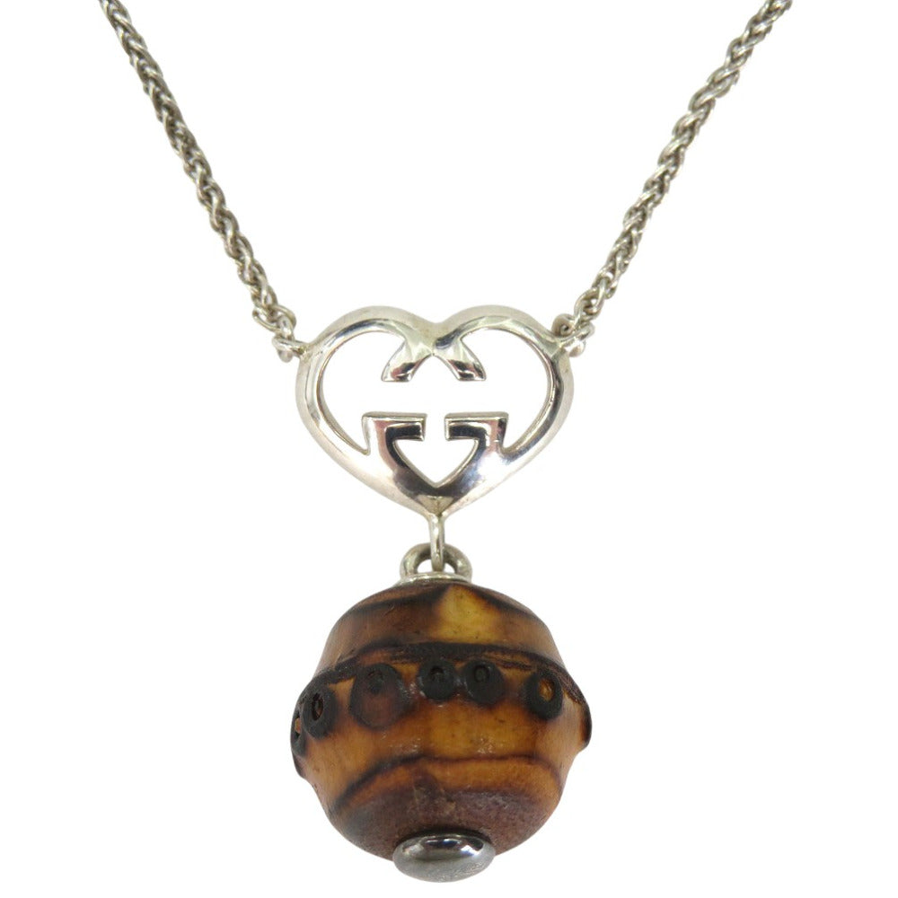 美品 グッチ インターロッキングＧ ハート ペンダント ネックレス シルバー925 木製 バンブー 0530【中古】GUCCI