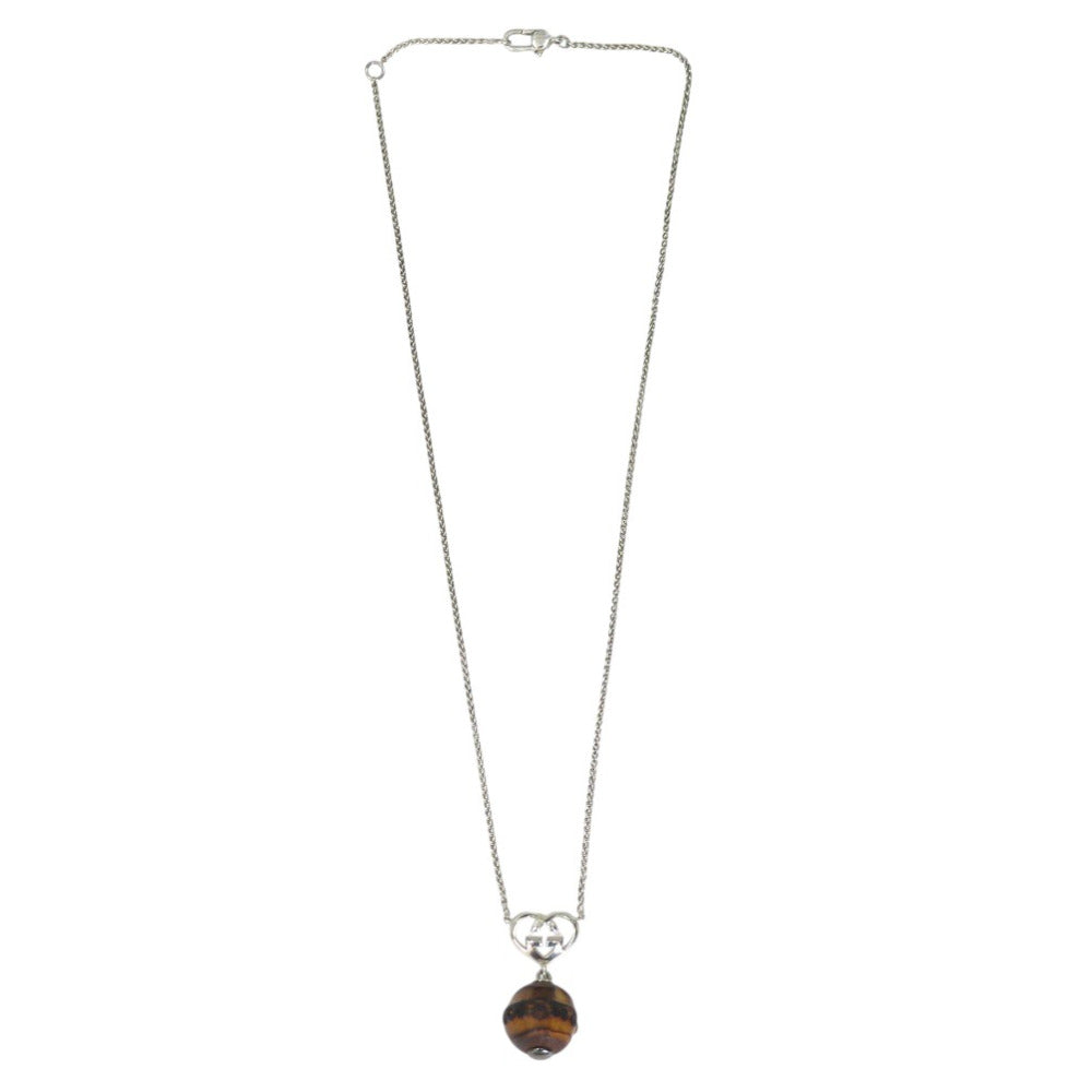 美品 グッチ インターロッキングＧ ハート ペンダント ネックレス シルバー925 木製 バンブー 0530【中古】GUCCI