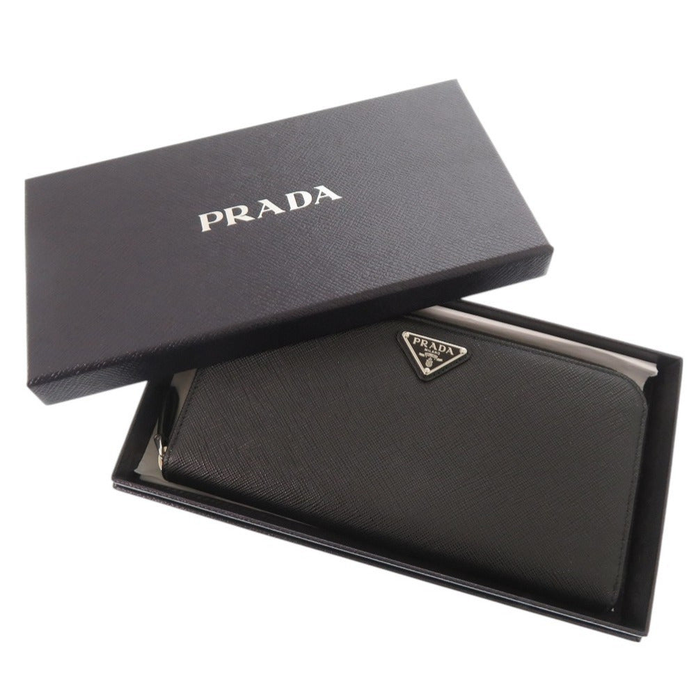 新品同様 プラダ トライアングルロゴ サフィアーノ ブラック ラウンドファスナー 長財布 黒 0580【中古】PRADA メンズ
