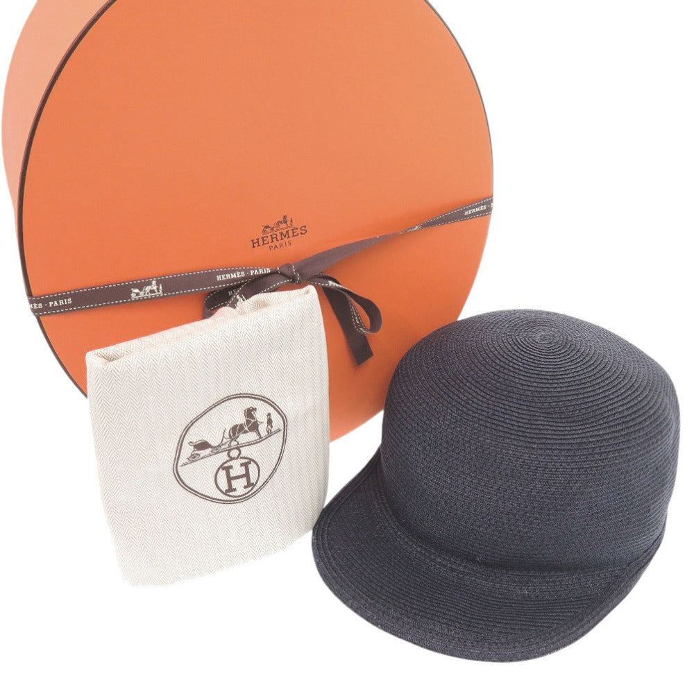 新品同様 エルメス キャップ エマ ペーパー/ポリエステル ネイビー 帽子 0594【中古】HERMES