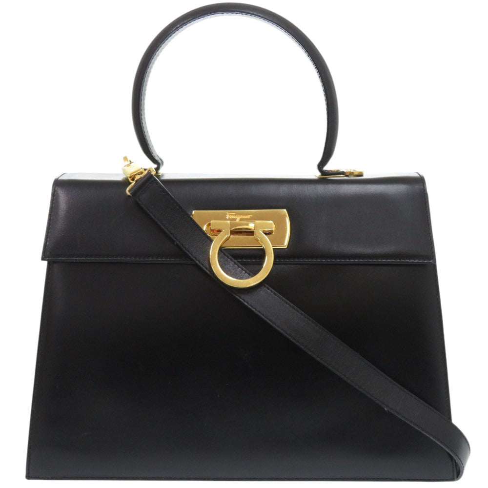 美品 サルヴァトーレフェラガモ 2WAY ガンチーニ O21 2181 カーフレザー ブラック ハンドバッグ 黒 0662【中古】Salvatore Ferragamo