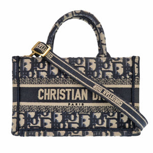 美品 クリスチャンディオール オブリーク ブックトート ミニキャンバス ネイビー 2way ハンドバッグ 0732【中古】Christian Dior