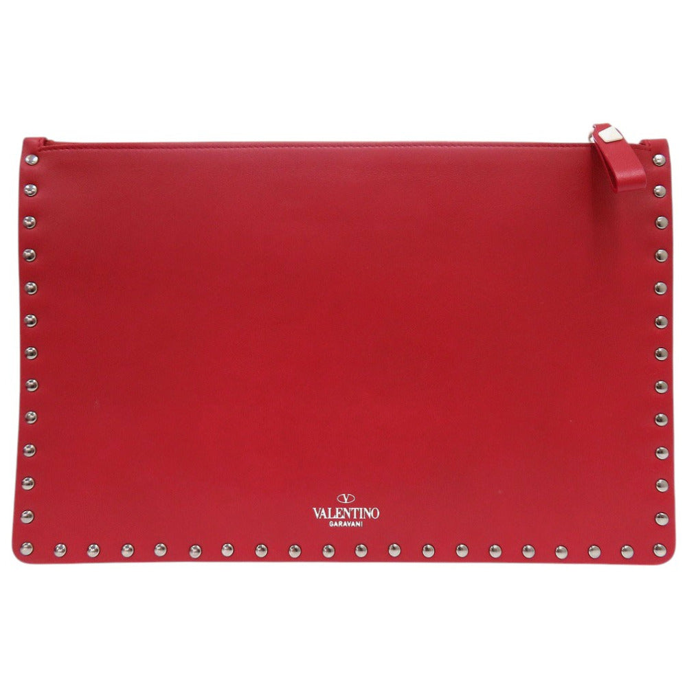新品同様 ヴァレンティノ ガラヴァーニ ロックスタッズ クラッチバッグ レザー レッド 0735【中古】Valentino Garavani
