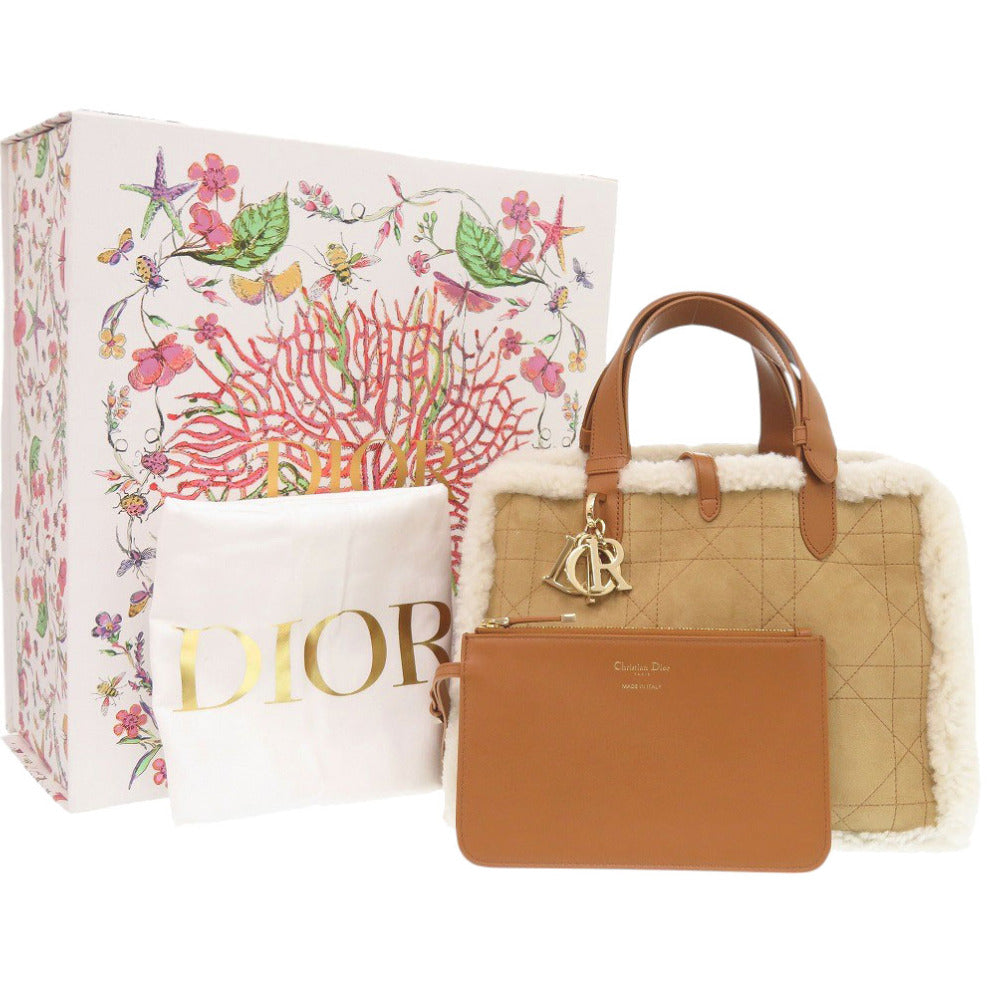 新品同様 ディオール Dior Toujours マクロカナージュ ポーチ付 ムートン/レザー ブラウン ハンドバッグ 茶 0908【中古】Dior