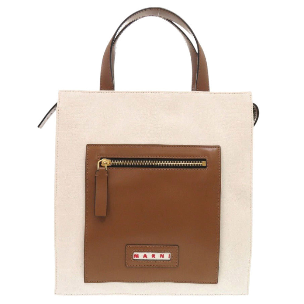 美品 マルニ SHMP008800 トートバッグ キャンバス レザー ナチュラル キャメル ブラウン 0909【中古】MARNI