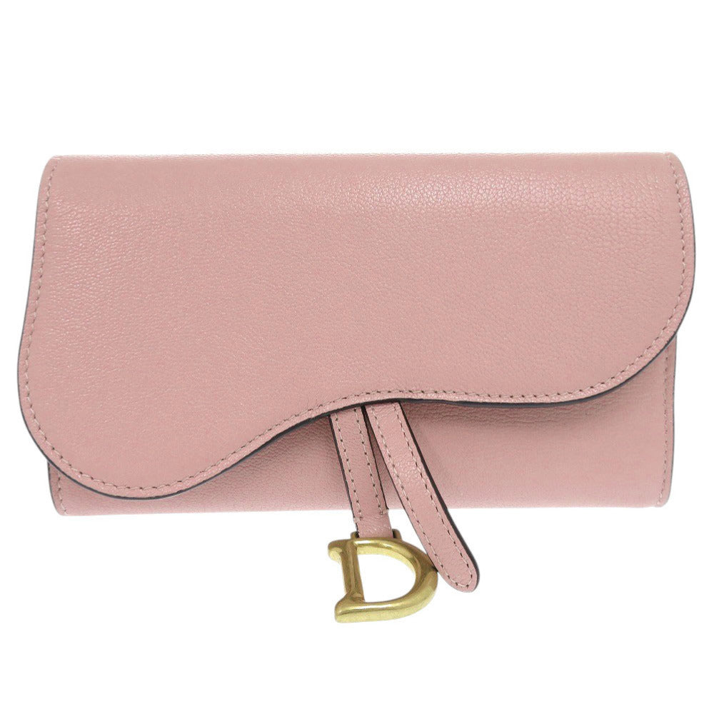新品同様 クリスチャンディオール サドルスリムウォレット レザー ピンク 三つ折り長財布 長財布 0923【中古】Christian Dior