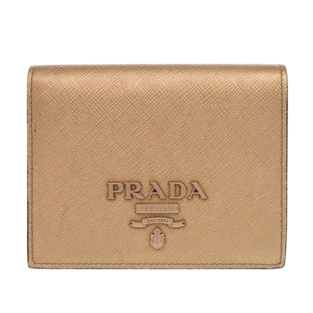 美品 プラダ 1MV204 サフィアーノレザー ゴールド 二つ折り財布 0933【中古】PRADA