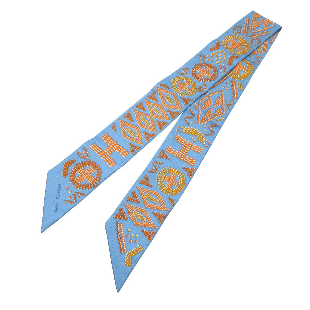 美品 エルメス ツイリー ケリー アンペルル スカーフ シルク ブルーアズール/オレンジ 0934【中古】HERMES