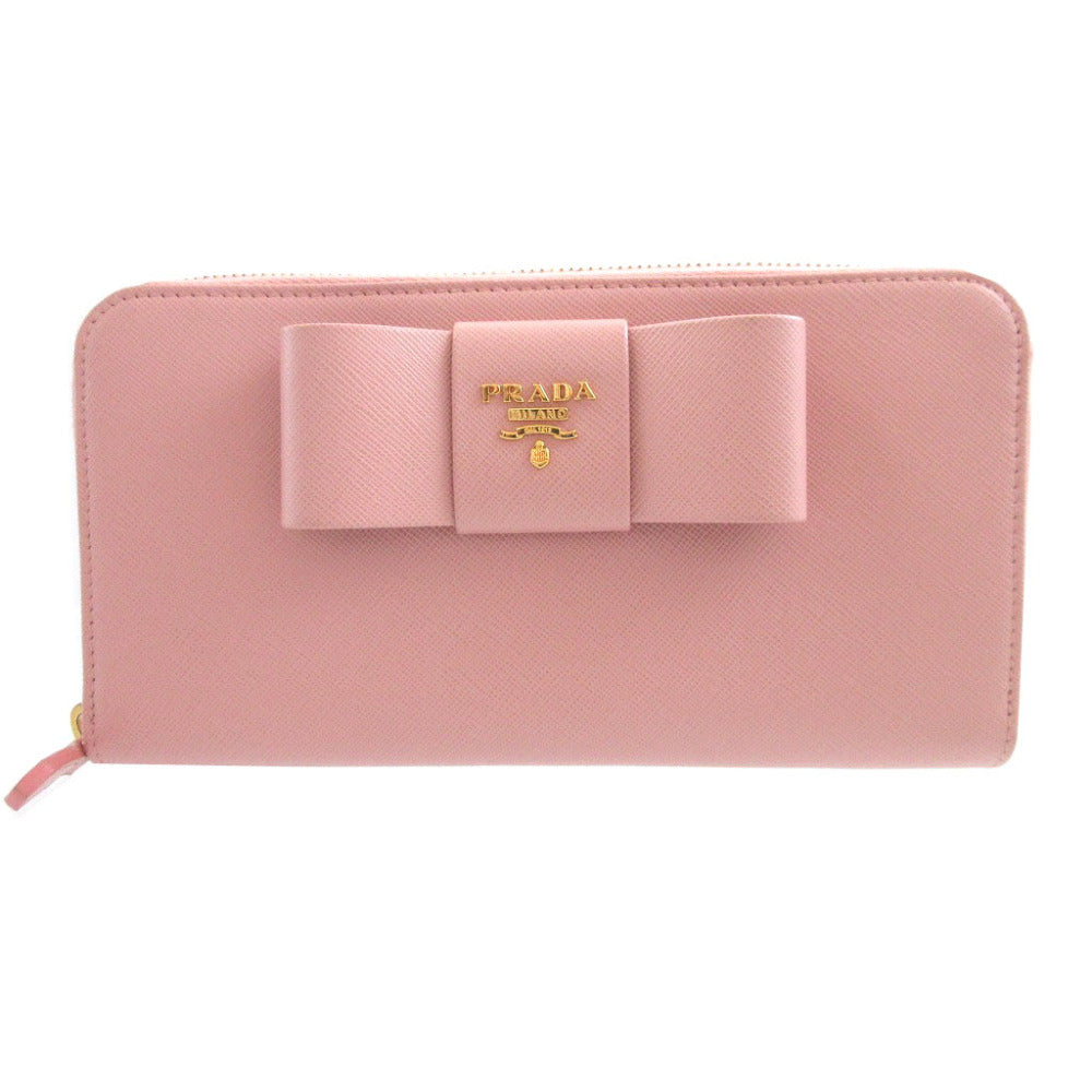 新品同様 プラダ 1M0506 リボン サフィアーノレザー ピンク ラウンドファスナー長財布 財布 0951【中古】PRADA