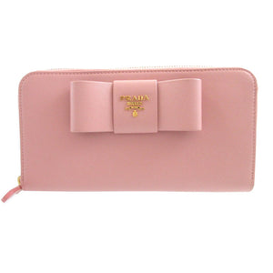 新品同様 プラダ 1M0506 リボン サフィアーノレザー ピンク ラウンドファスナー長財布 財布 0951【中古】PRADA