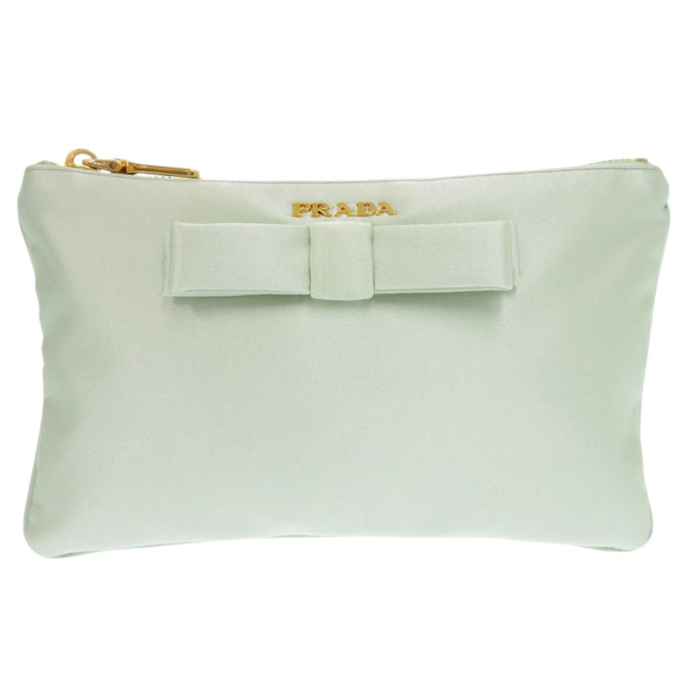 美品 プラダ リボン サテン グリーン ポーチ 小物入れ 0957【中古】PRADA