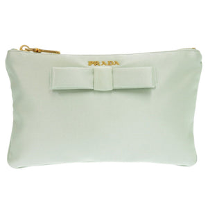 美品 プラダ リボン サテン グリーン ポーチ 小物入れ 0957【中古】PRADA
