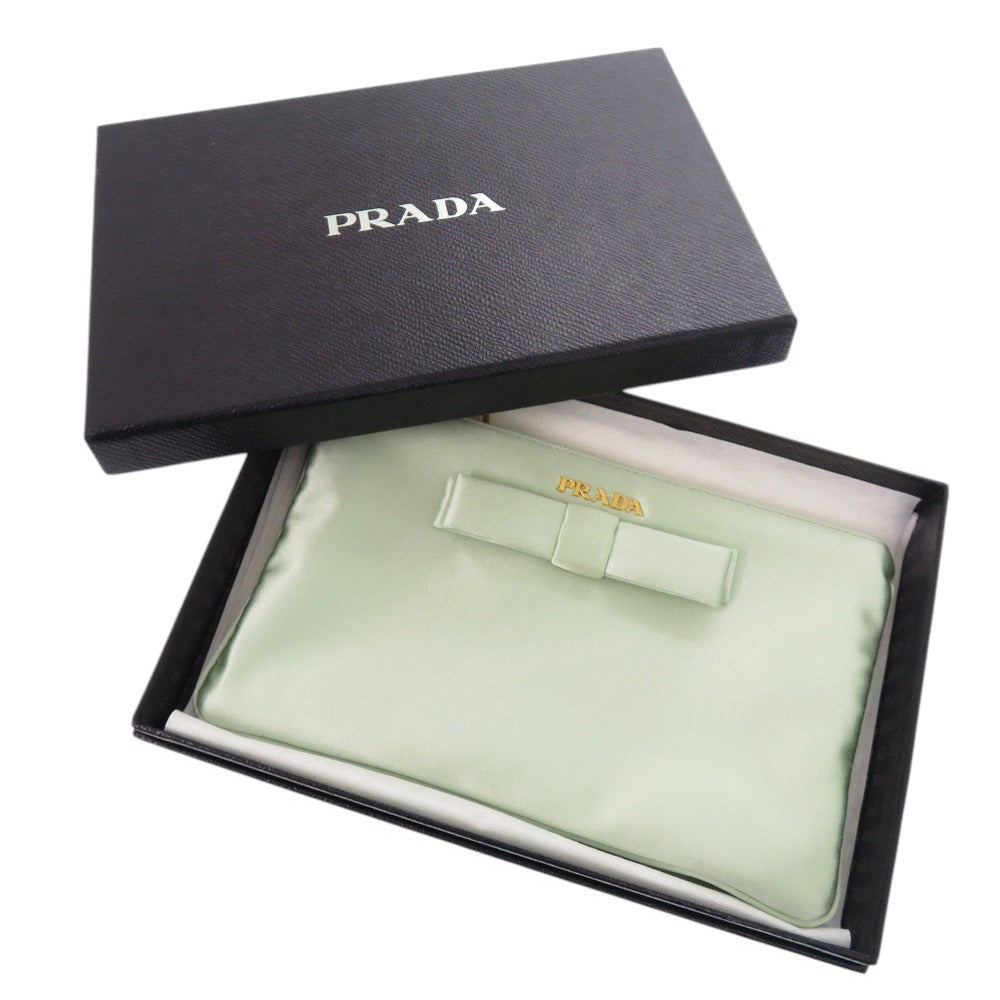 美品 プラダ リボン サテン グリーン ポーチ 小物入れ 0957【中古】PRADA