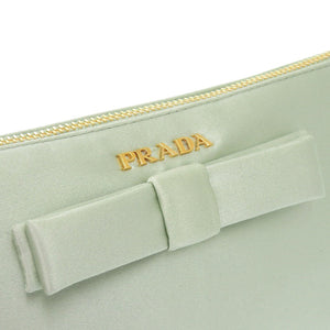 美品 プラダ リボン サテン グリーン ポーチ 小物入れ 0957【中古】PRADA