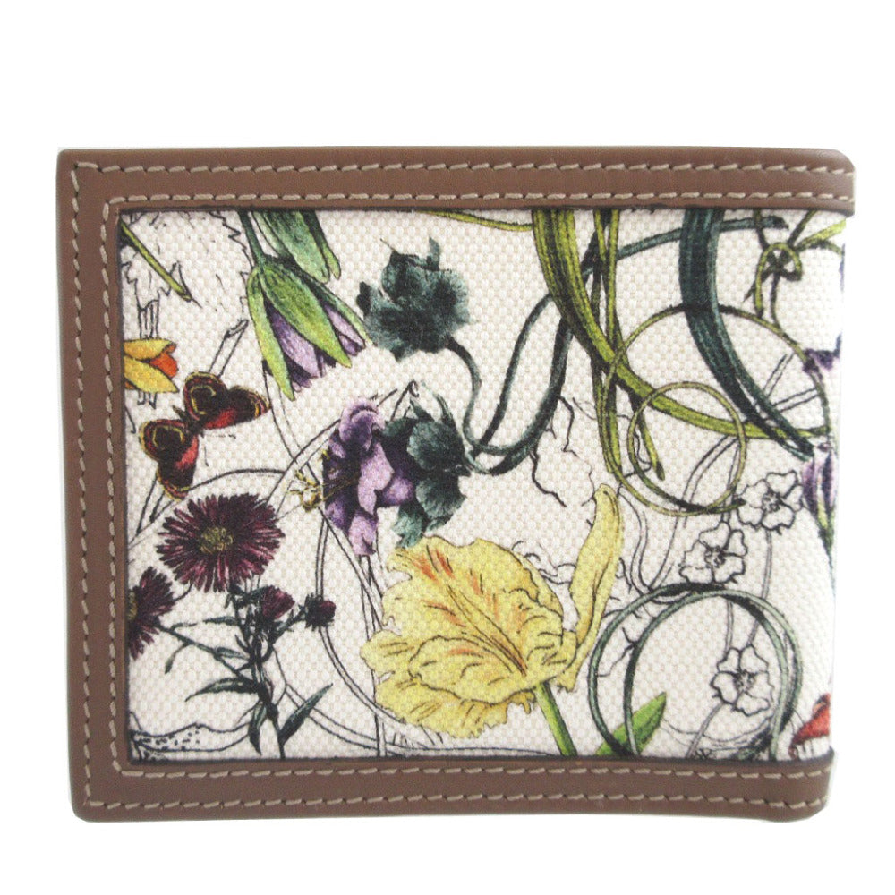 新品同様 グッチ フローラ ミニ インフィニティ キャンバス レザー ホワイト 白 ブラウン 茶 2つ折り財布 札入れ 財布 0988【中古】GUCCI