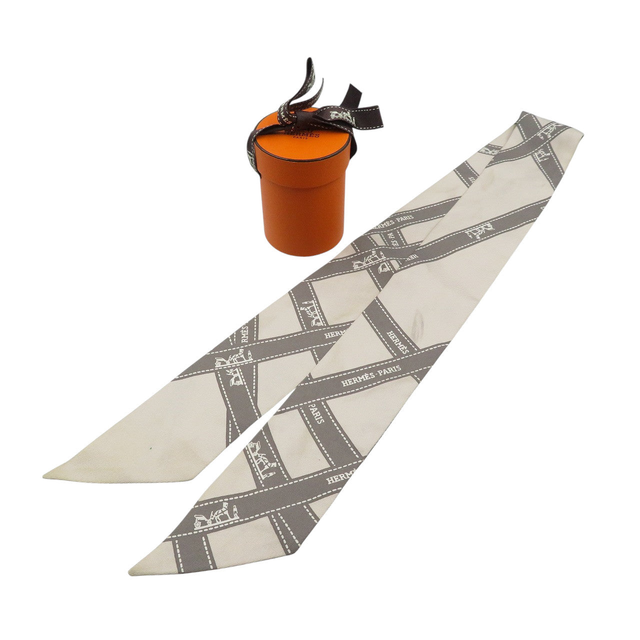 エルメス ツイリー ボルデュック リボン柄 シルク グレー スカーフ 1029【中古】HERMES