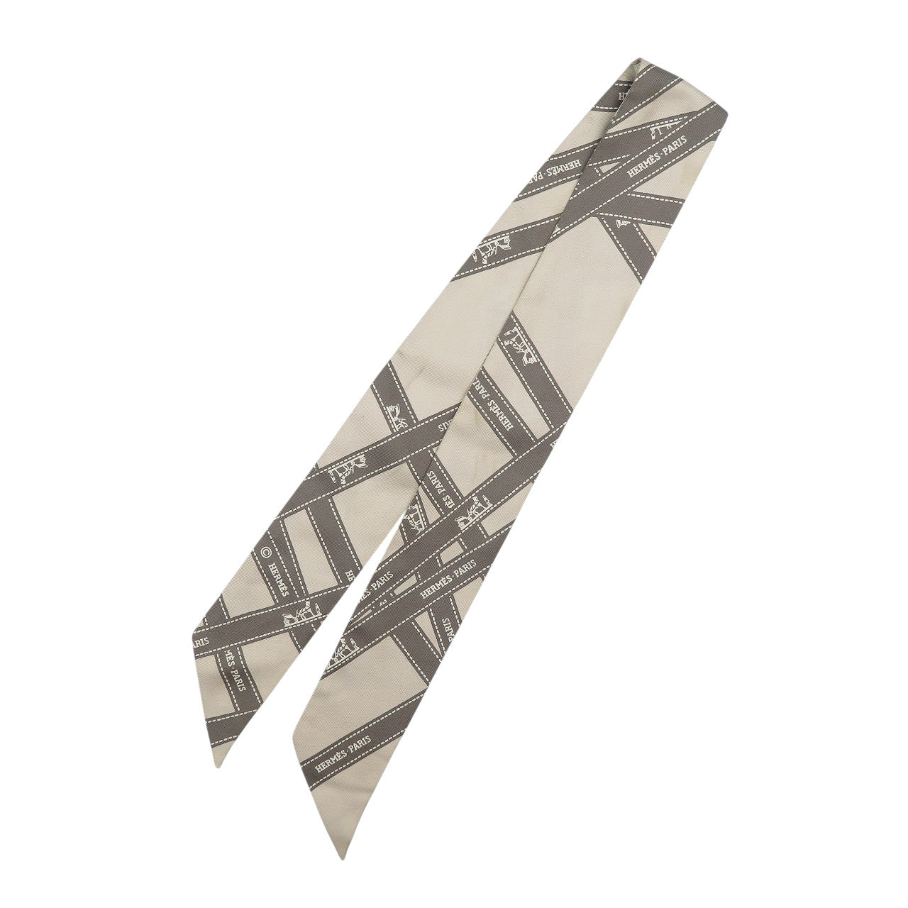 エルメス ツイリー ボルデュック リボン柄 シルク グレー スカーフ 1029【中古】HERMES