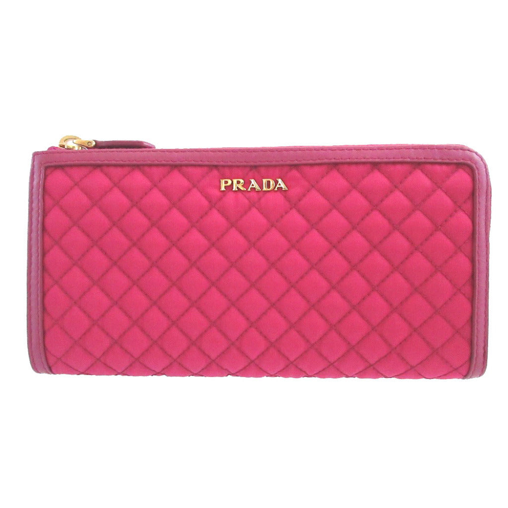 美品 プラダ キルティング ナイロン ピンク L字ファスナー 長財布 財布 1042【中古】PRADA