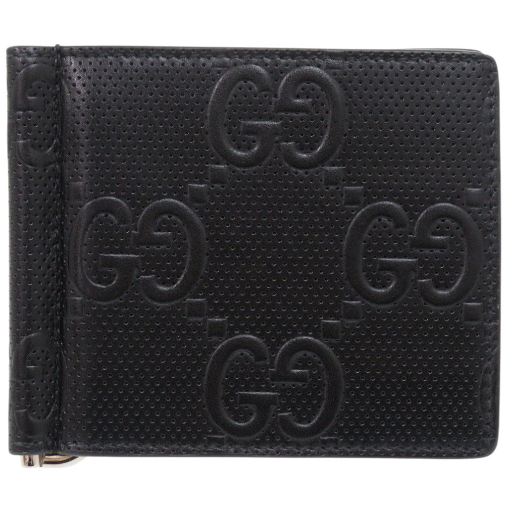美品 グッチ マネークリップ GG 676656 レザー ブラック 二つ折り財布 黒 1075【中古】GUCCI