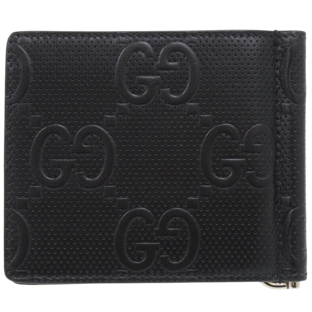 美品 グッチ マネークリップ GG 676656 レザー ブラック 二つ折り財布 黒 1075【中古】GUCCI