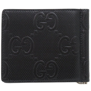 美品 グッチ マネークリップ GG 676656 レザー ブラック 二つ折り財布 黒 1075【中古】GUCCI