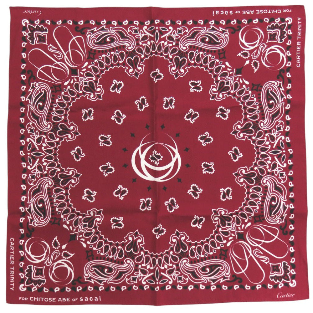 新品同様 カルティエ サカイ コラボ ペイズリー柄 スカーフ バンダナ チトセアベ TRINITY CHITOSE ABE シルク バーガンディー 1124【中古】Cartier
